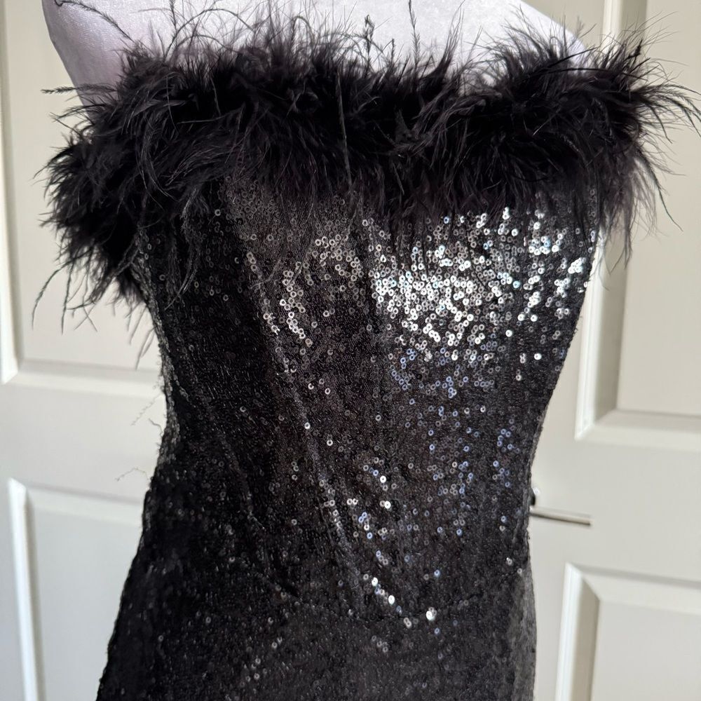 Windsor Black Sequins Strapless Corset Mini Dress with Feather Neckline Size L - Picture 2 of 9